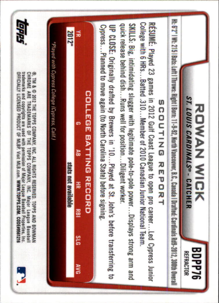 2012 Bowman Chrome Draft Draft Picks Refractors #BDPP76 Rowan Wick back image