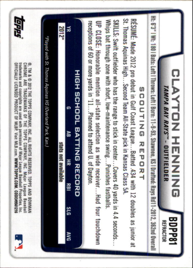 2012 Bowman Chrome Draft Draft Picks Refractors #BDPP81 Clayton Henning back image
