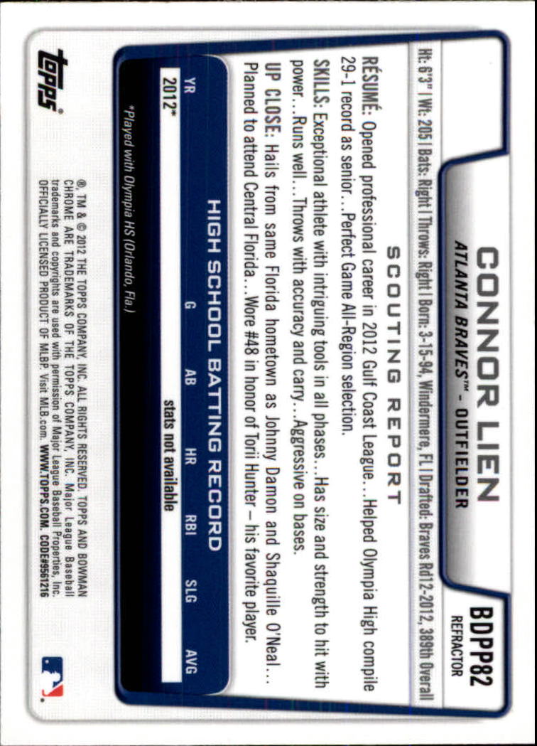 2012 Bowman Chrome Draft Draft Picks Refractors #BDPP82 Connor Lien back image