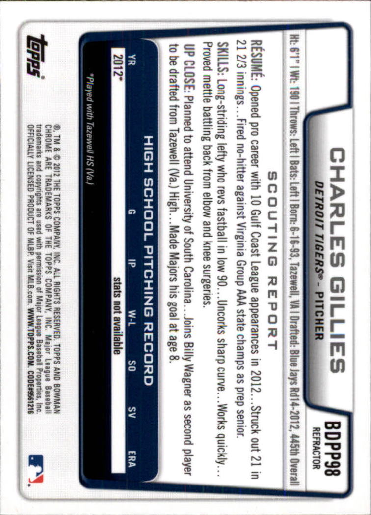 2012 Bowman Chrome Draft Draft Picks Refractors #BDPP98 Charles Gillies back image