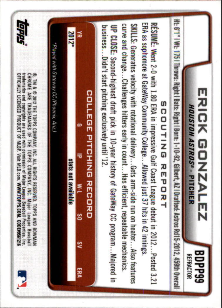 2012 Bowman Chrome Draft Draft Picks Refractors #BDPP99 Erick Gonzalez back image