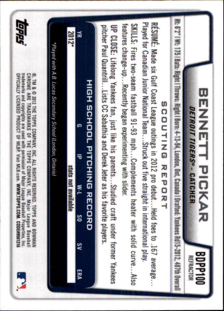 2012 Bowman Chrome Draft Draft Picks Refractors #BDPP100 Bennett Pickar back image