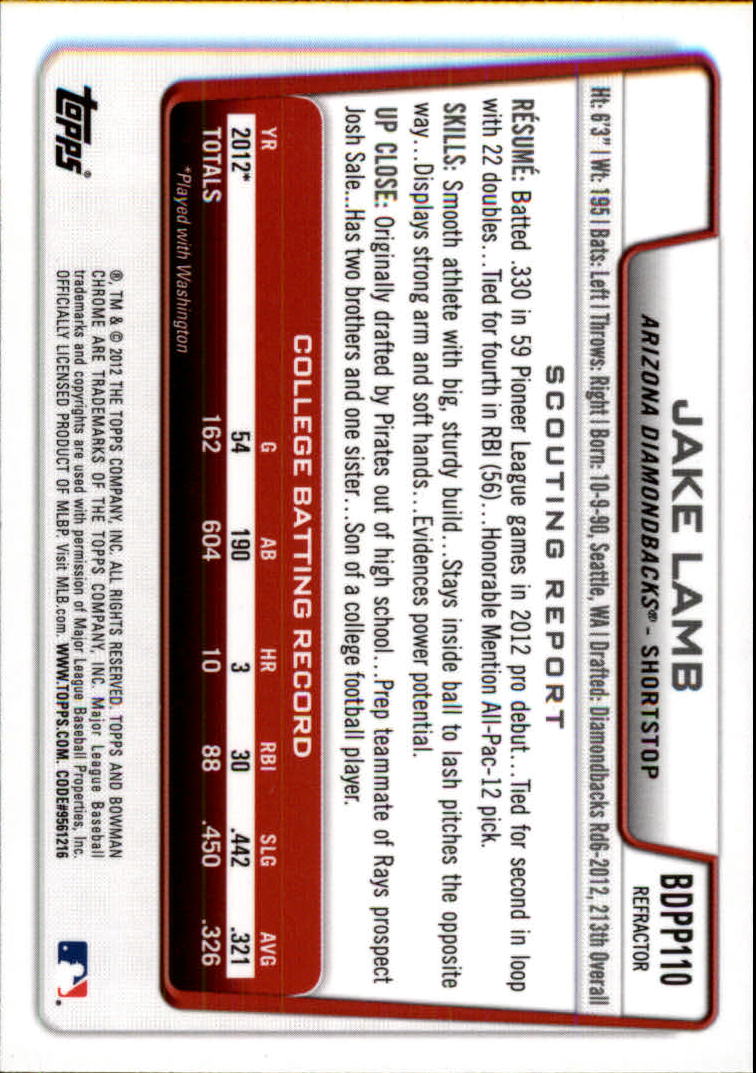 2012 Bowman Chrome Draft Draft Picks Refractors #BDPP110 Jake Lamb back image