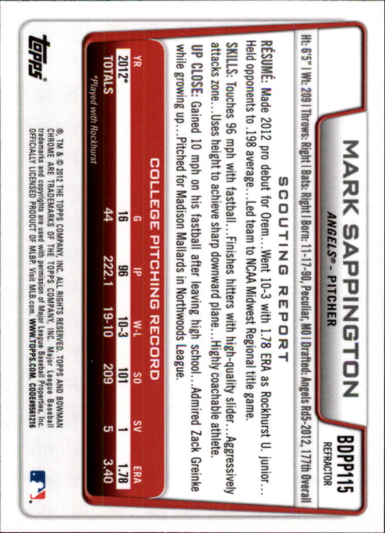 2012 Bowman Chrome Draft Draft Picks Refractors #BDPP115 Mark Sappington back image