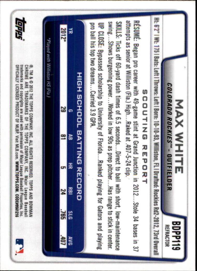 2012 Bowman Chrome Draft Draft Picks Refractors #BDPP119 Max White back image