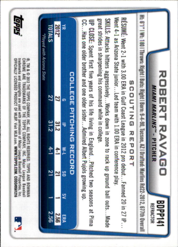 2012 Bowman Chrome Draft Draft Picks Refractors #BDPP141 Robert Ravago back image