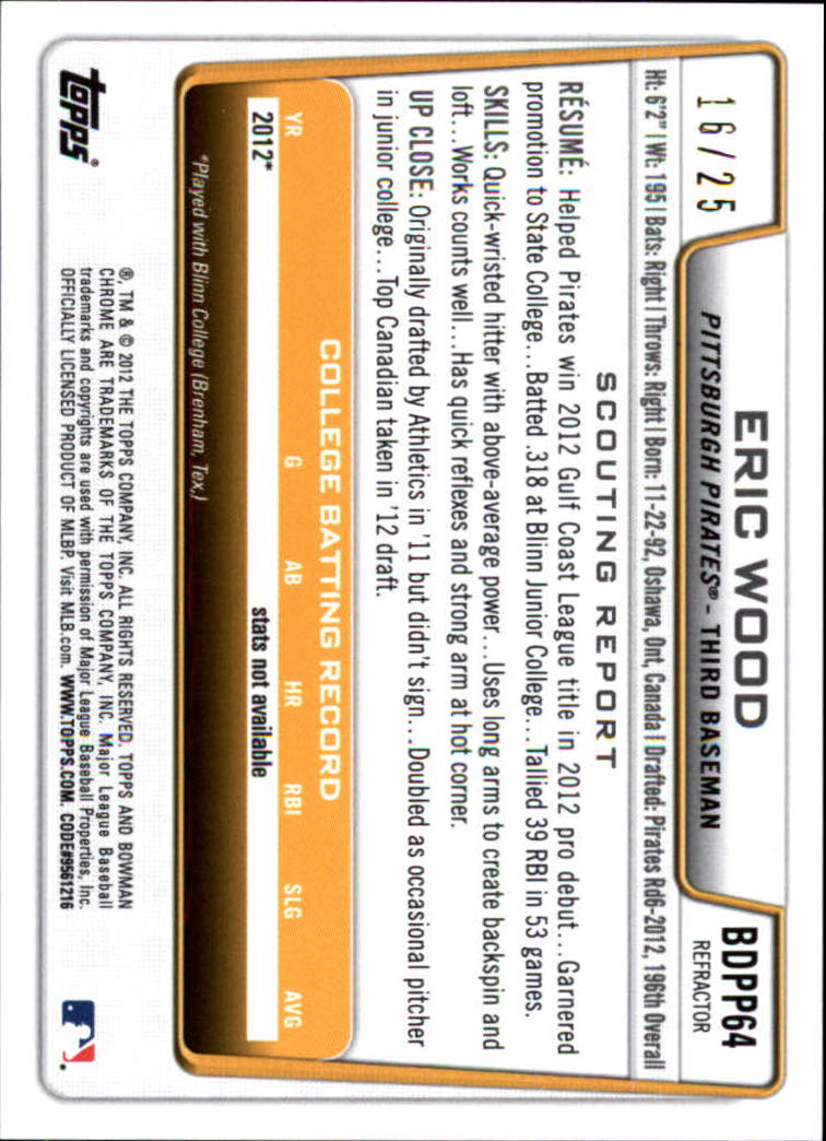 2012 Bowman Chrome Draft Draft Picks Orange Refractors #BDPP64 Eric Wood