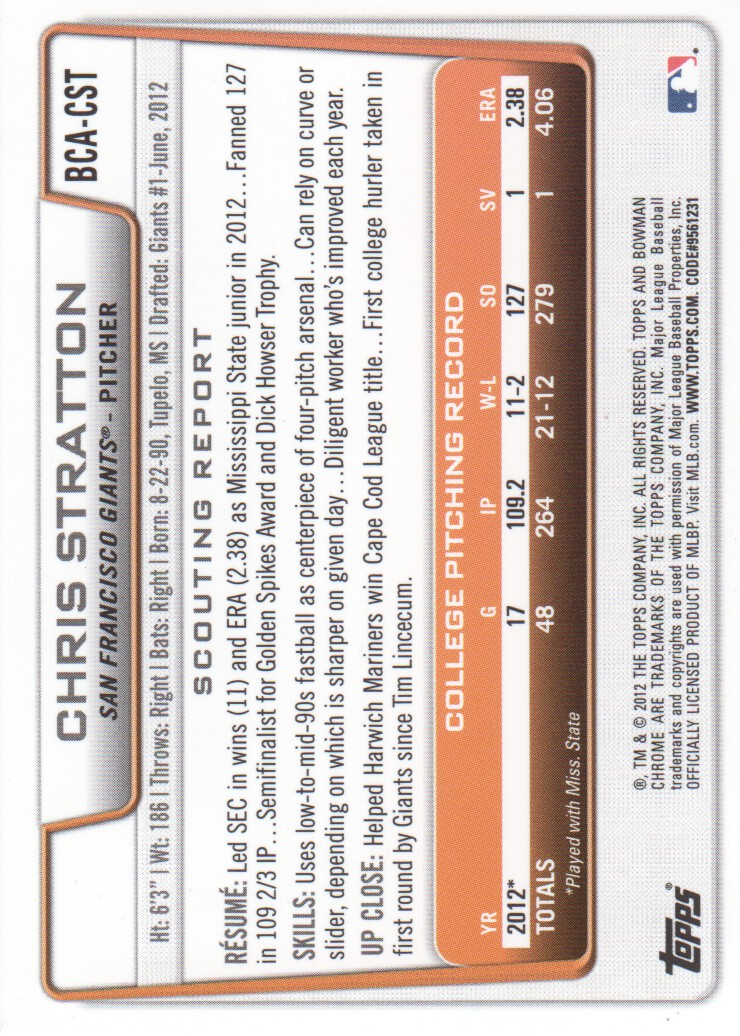 2012 Bowman Chrome Draft Draft Pick Autographs #CST Chris Stratton back image