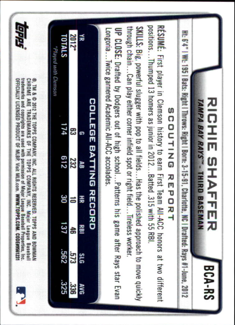 2012 Bowman Chrome Draft Draft Pick Autographs #RS Richie Shaffer back image