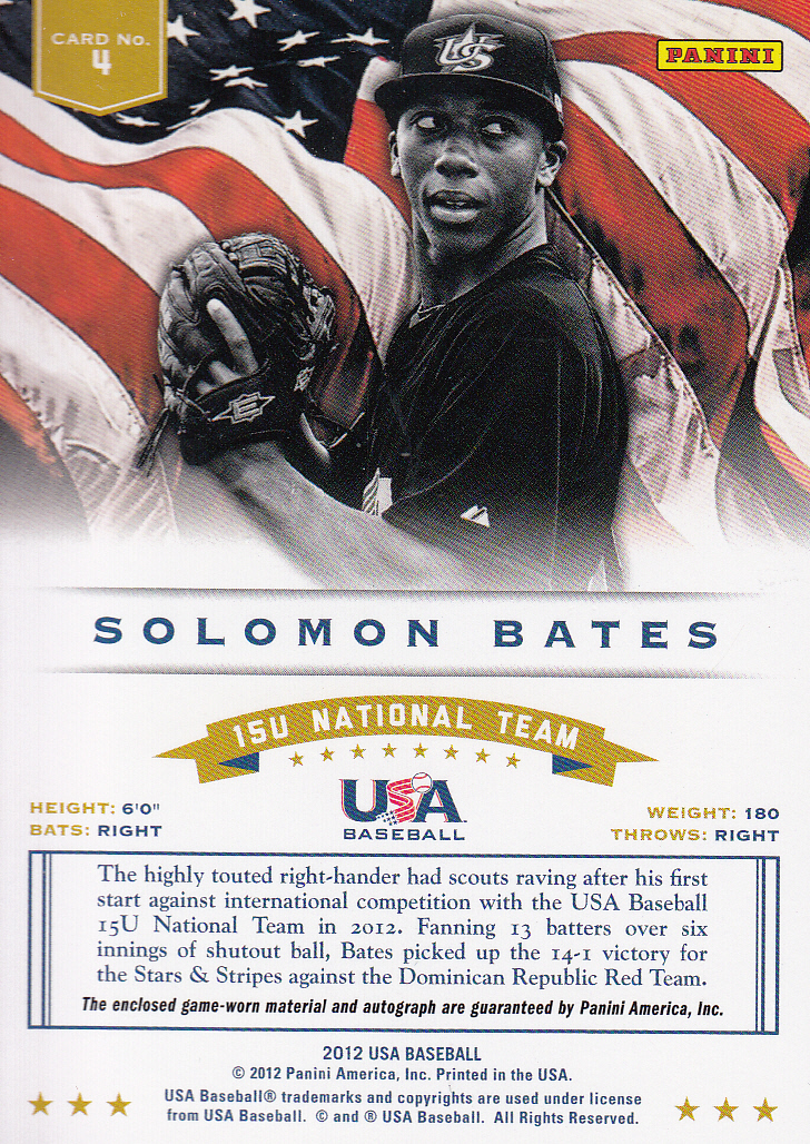 2012 USA Baseball 15U National Team Dual Jerseys Signatures #4 Solomon Bates back image