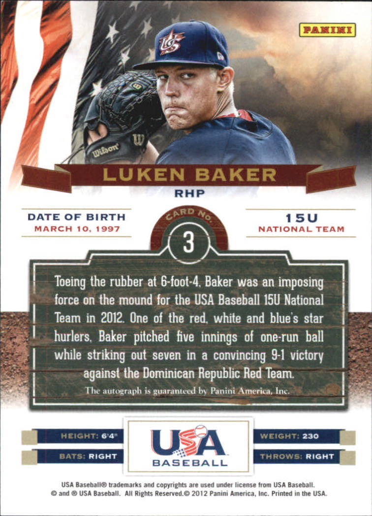 2012 USA Baseball 15U National Team Profile Signatures #3 Luken Baker back image