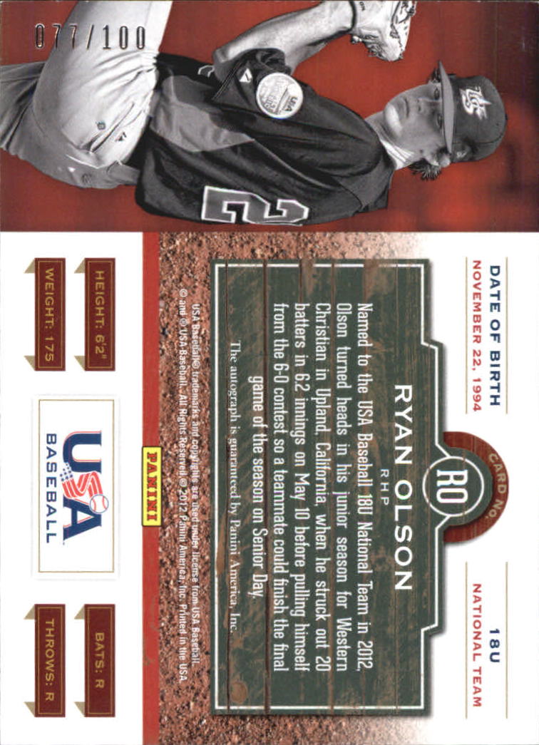 2012 USA Baseball 18U National Team America's Best Signatures #16 Ryan Olson back image