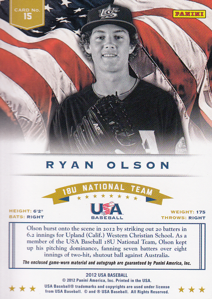 2012 USA Baseball 18U National Team Dual Jerseys Signatures #15 Ryan Olson back image