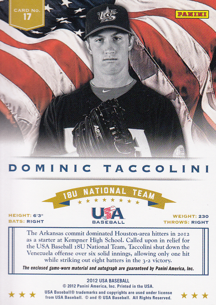 2012 USA Baseball 18U National Team Dual Jerseys Signatures #17 Dominic Taccolini back image