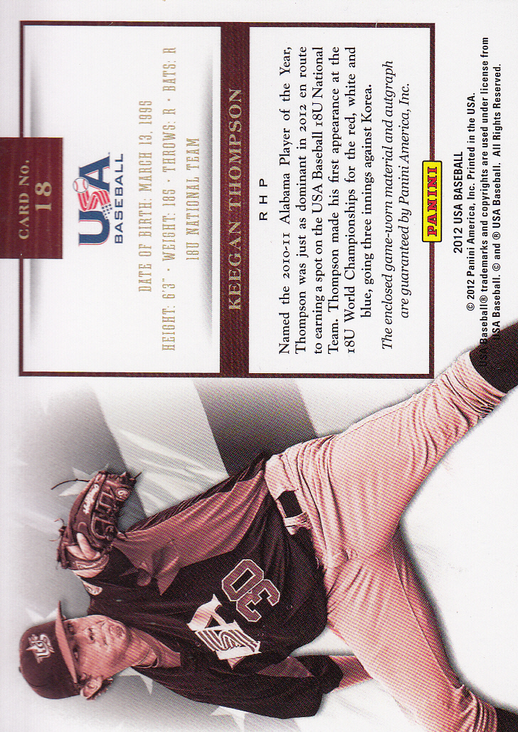 2012 USA Baseball 18U National Team Jersey Signatures #18 Keegan Thompson back image