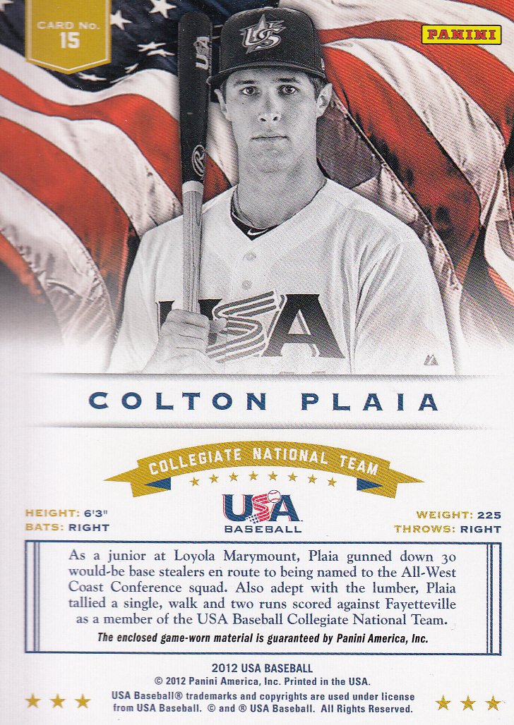 2012 USA Baseball Collegiate National Team Dual Jerseys #15 Colton Plaia back image