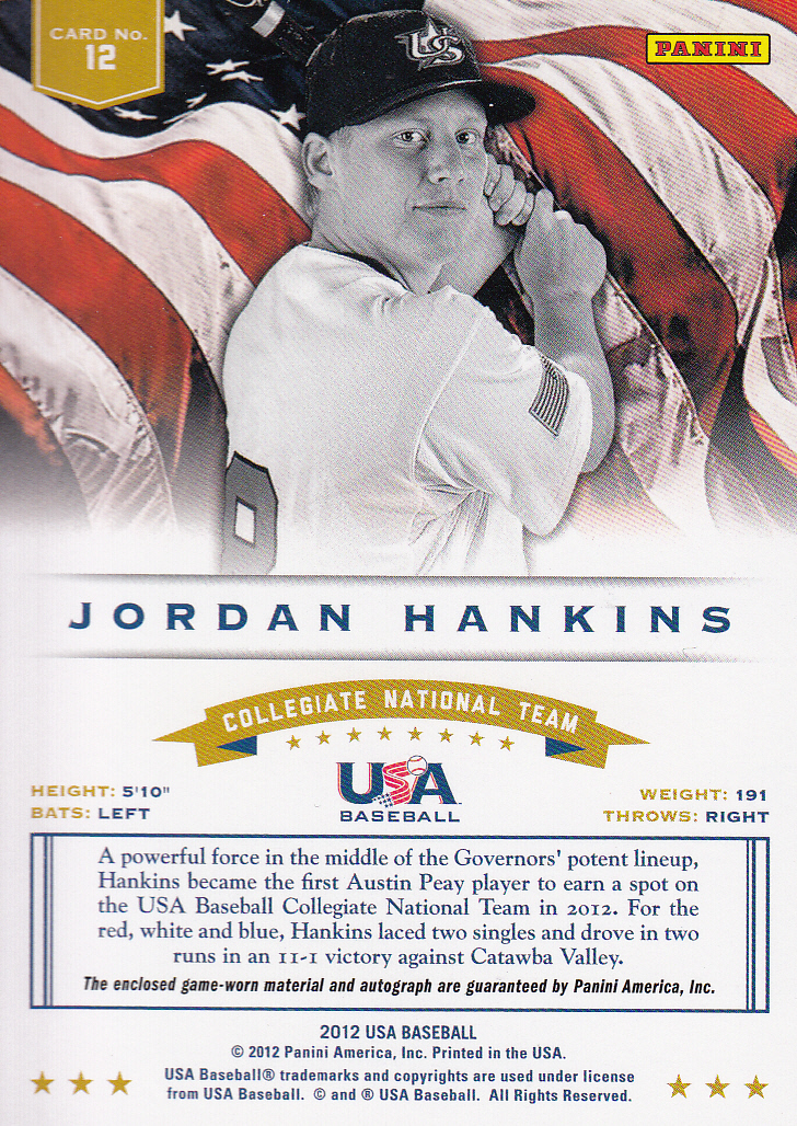 2012 USA Baseball Collegiate National Team Dual Jerseys Signatures #12 Jordan Hankins back image