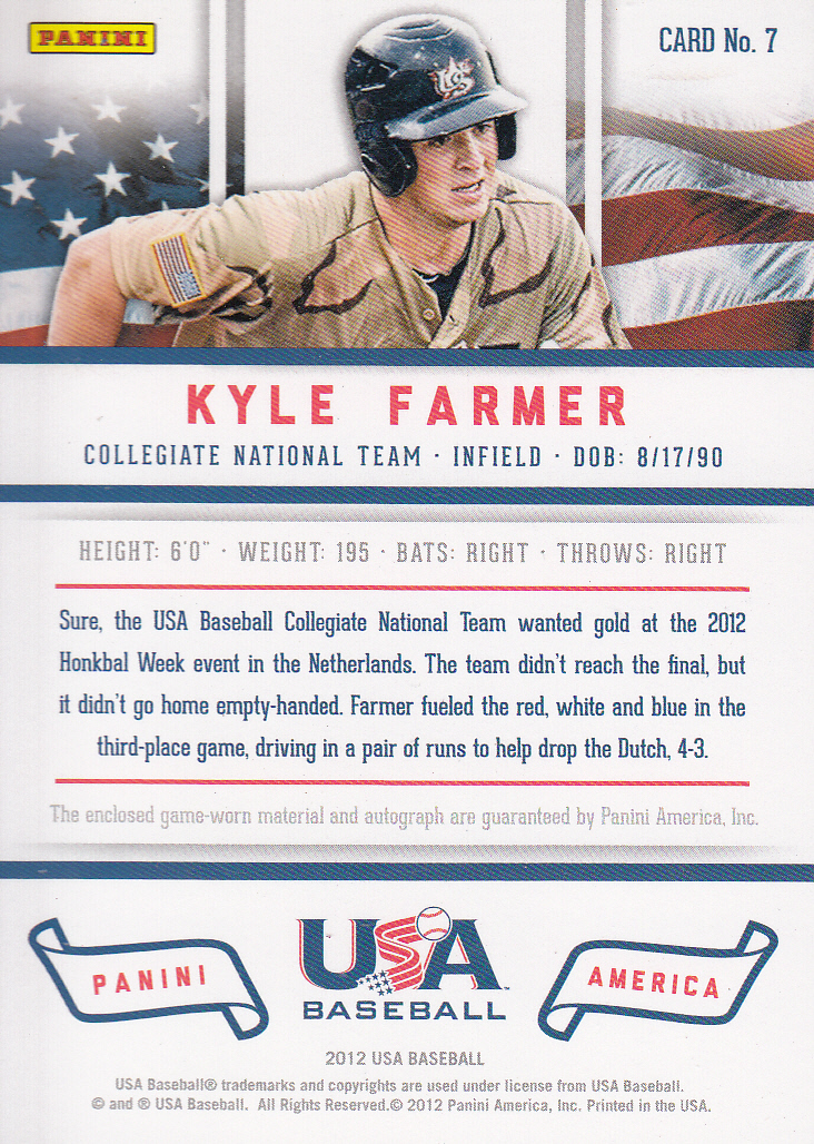 2012 USA Baseball Collegiate National Team Patches Signatures #7 Kyle Farmer back image