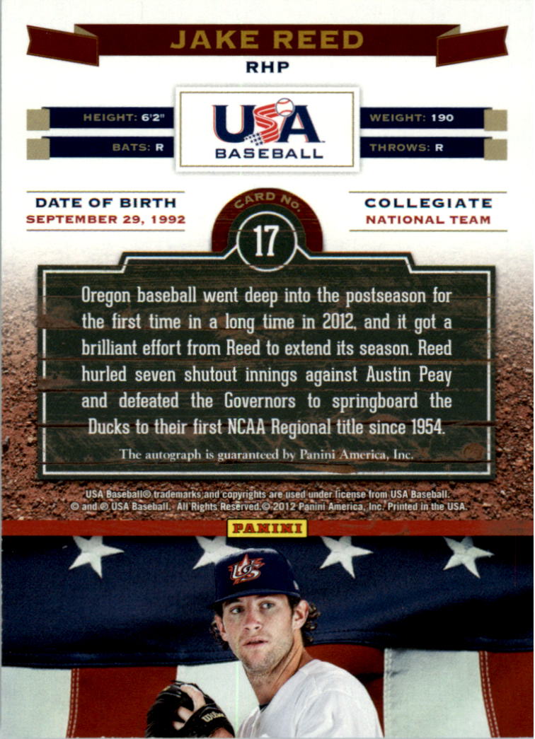 2012 USA Baseball Collegiate National Team Signatures #17 Jake Reed back image