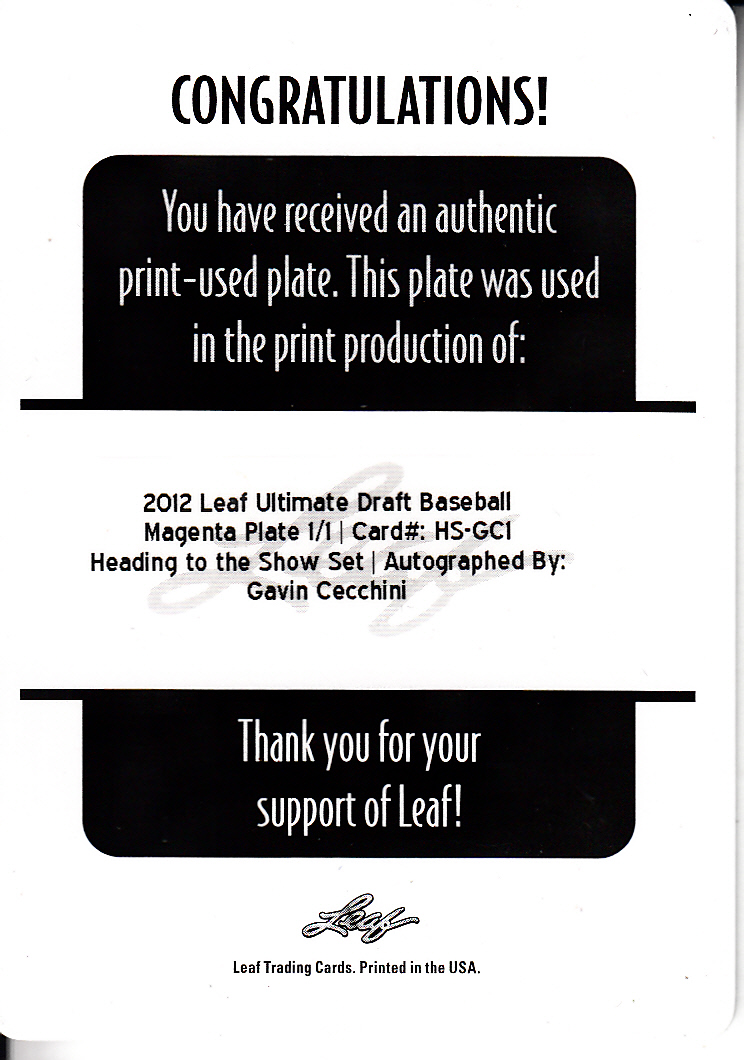 2012 Leaf Ultimate Draft Printing Plates Magenta #GC1 Gavin Cecchini back image
