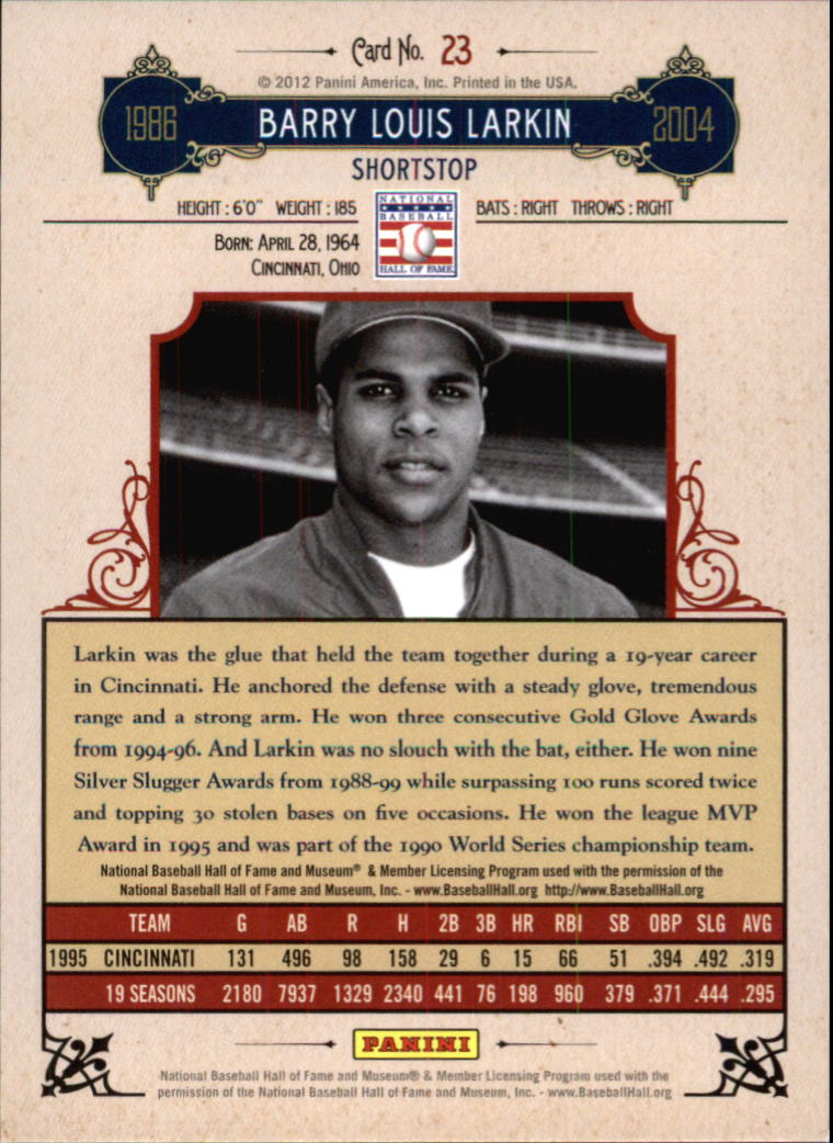 2012 Panini Cooperstown Crystal Collection Blue #23 Barry Larkin back image