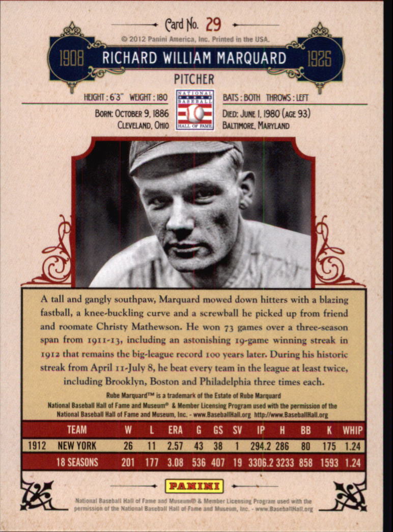 2012 Panini Cooperstown Crystal Collection Blue #29 Rube Marquard back image