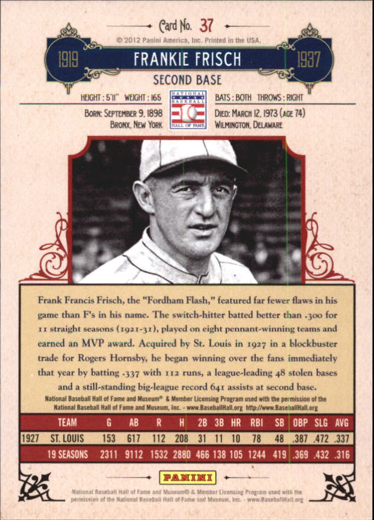 2012 Panini Cooperstown Crystal Collection Blue #37 Frankie Frisch back image