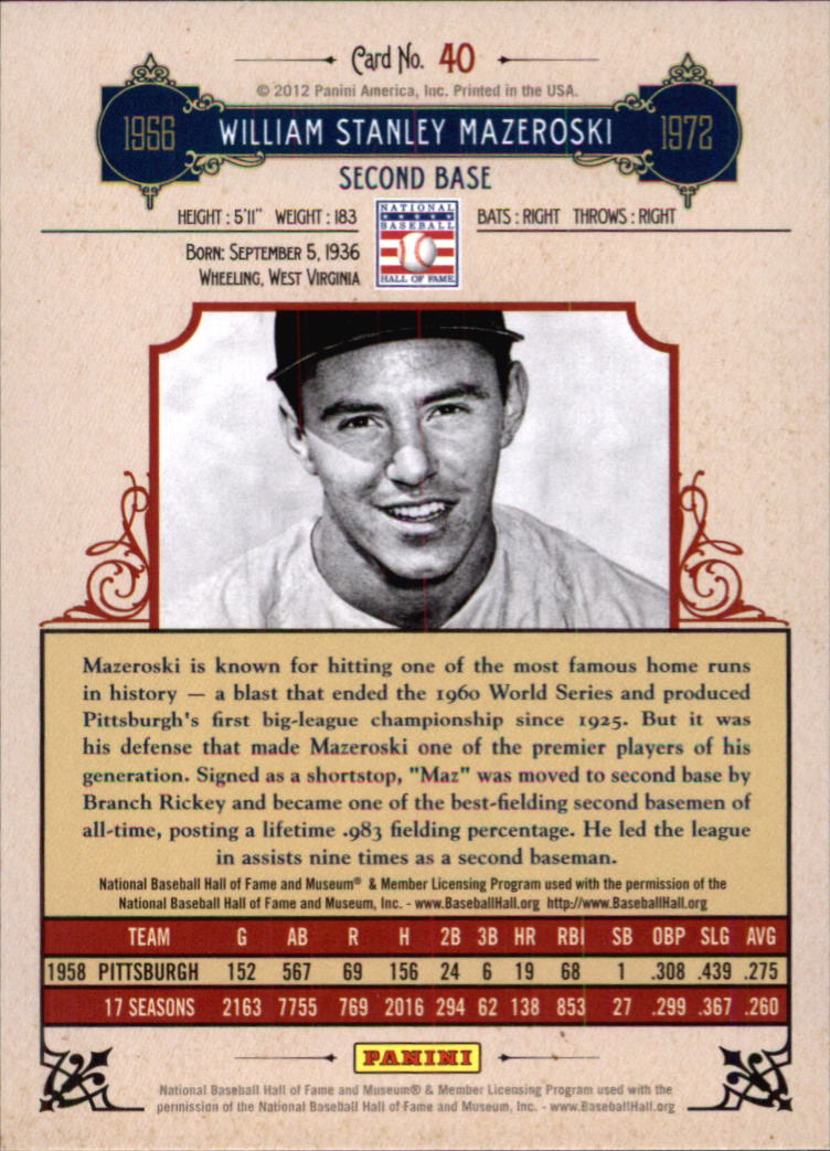 2012 Panini Cooperstown Crystal Collection Blue #40 Bill Mazeroski back image