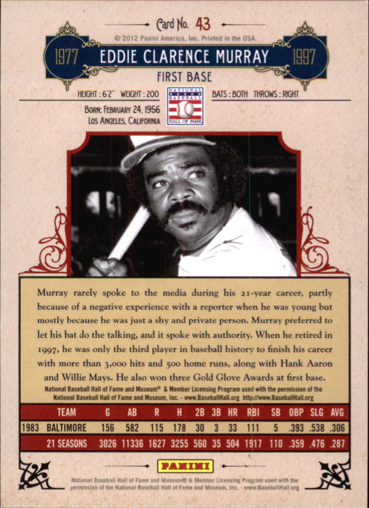 2012 Panini Cooperstown Crystal Collection Blue #43 Eddie Murray back image