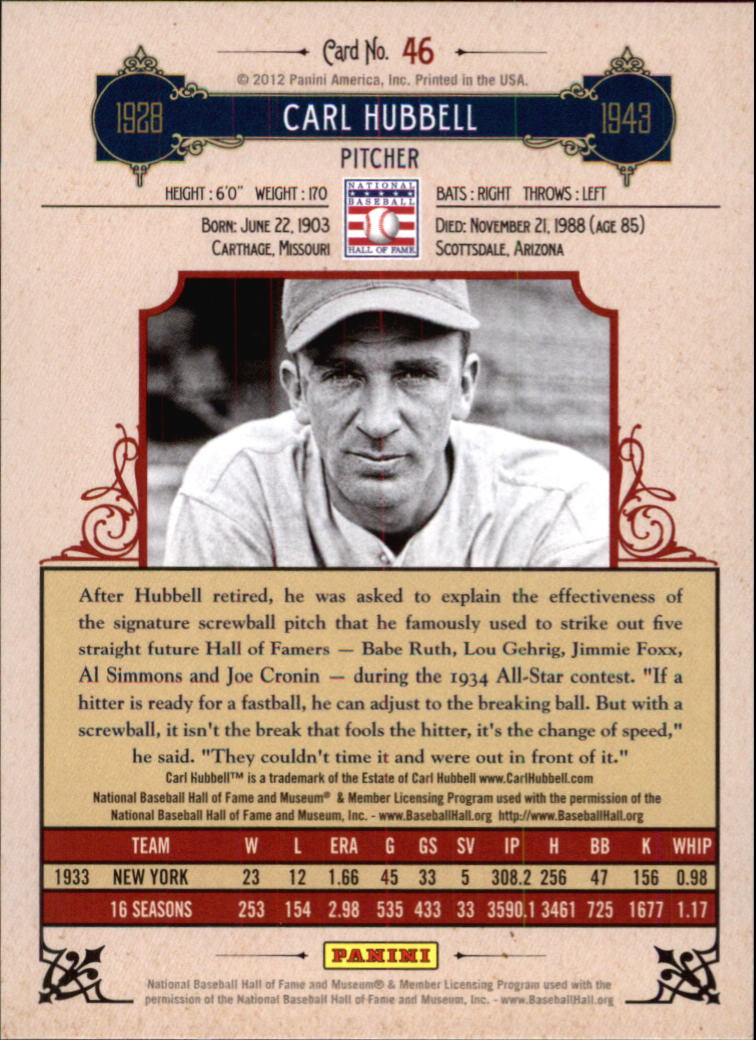 2012 Panini Cooperstown Crystal Collection Blue #46 Carl Hubbell back image