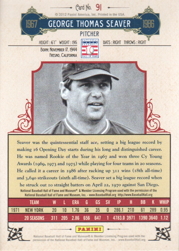 2012 Panini Cooperstown Crystal Collection Blue #91 Tom Seaver back image