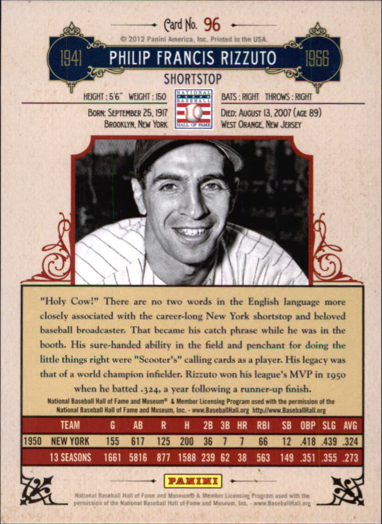 2012 Panini Cooperstown Crystal Collection Blue #96 Phil Rizzuto back image