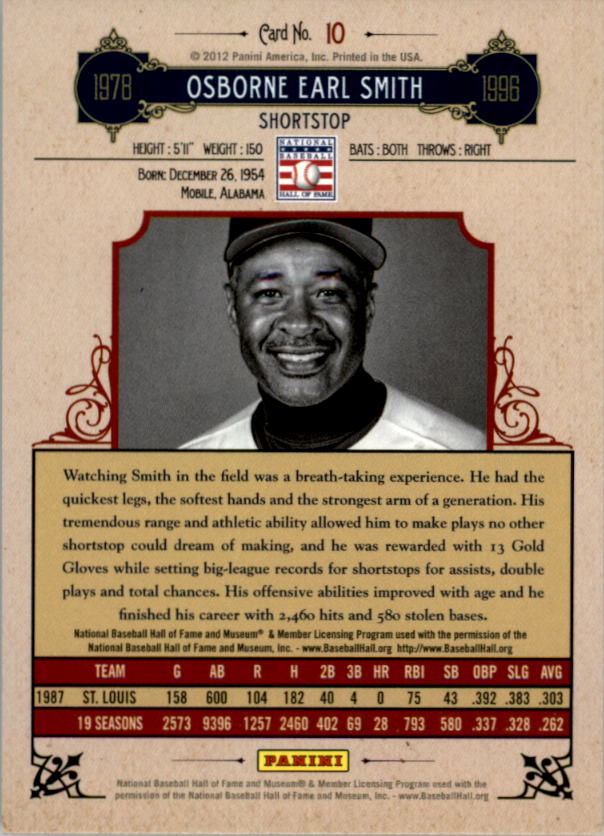 2012 Panini Cooperstown Crystal Collection Red #10 Ozzie Smith back image