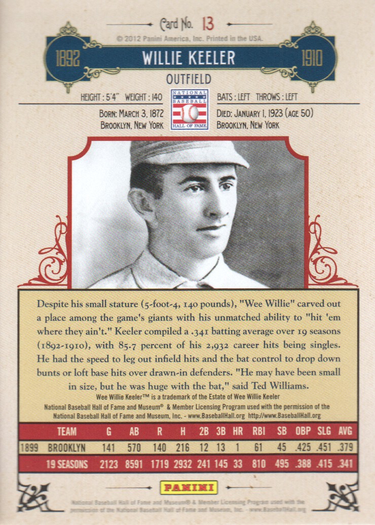 2012 Panini Cooperstown Crystal Collection Red #13 Willie Keeler back image