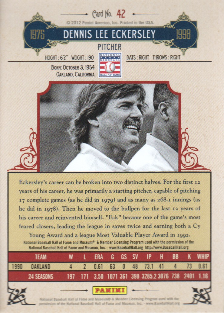 2012 Panini Cooperstown Crystal Collection Red #42 Dennis Eckersley back image