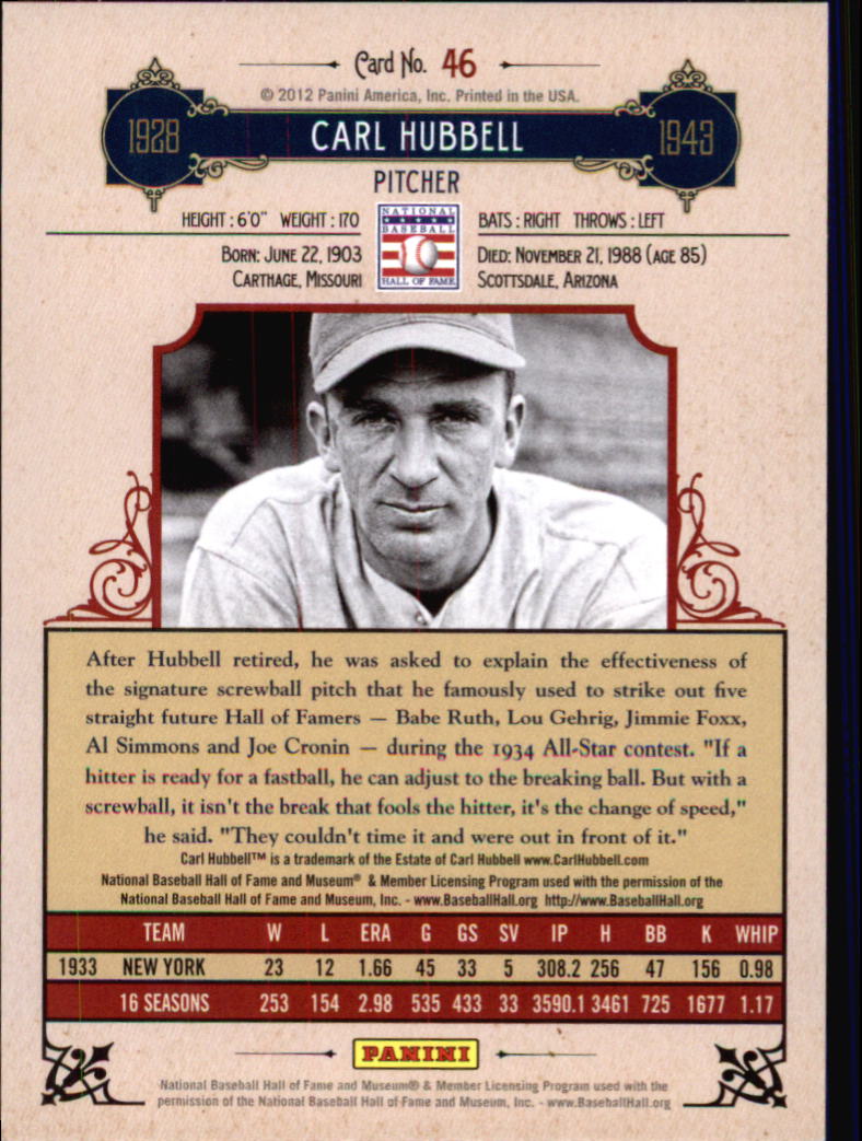 2012 Panini Cooperstown Crystal Collection Red #46 Carl Hubbell back image