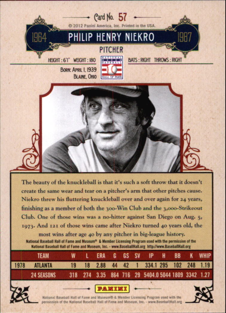 2012 Panini Cooperstown Crystal Collection Red #57 Phil Niekro back image