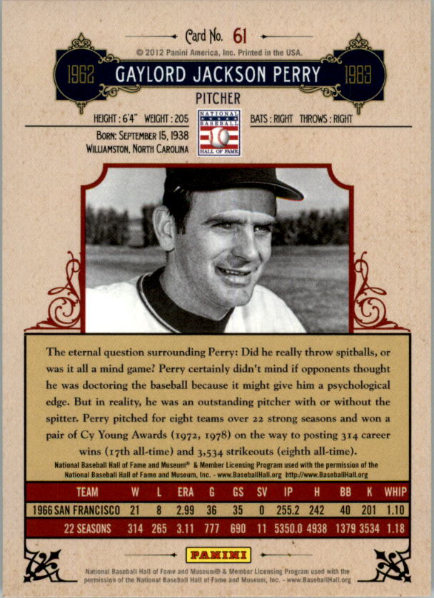 2012 Panini Cooperstown Crystal Collection Red #61 Gaylord Perry back image