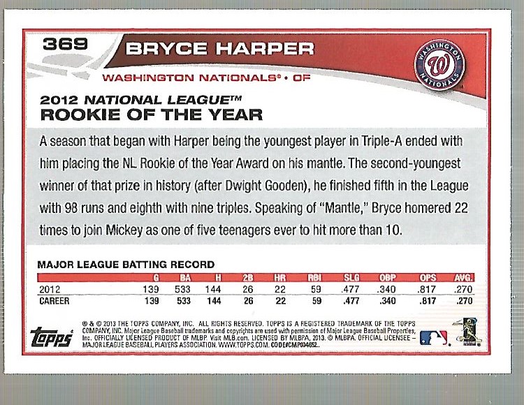 2013 Topps #369 Bryce Harper back image