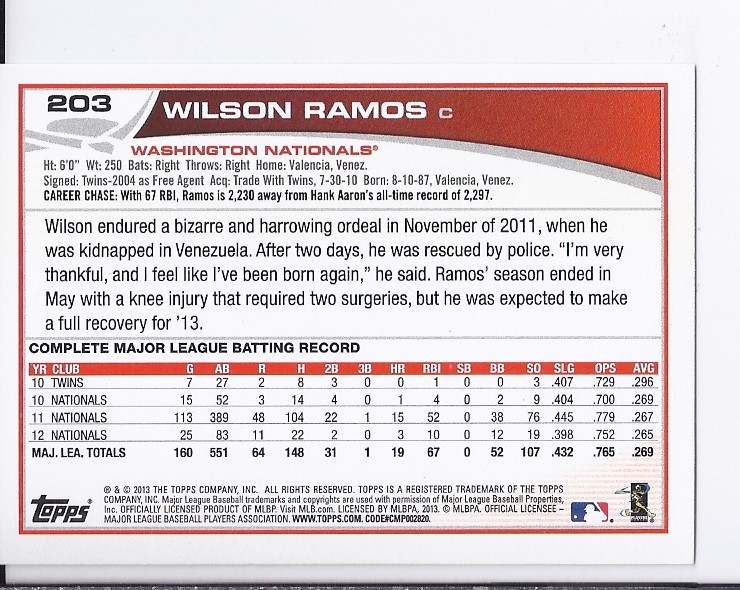 2013 Topps Emerald #203 Wilson Ramos back image