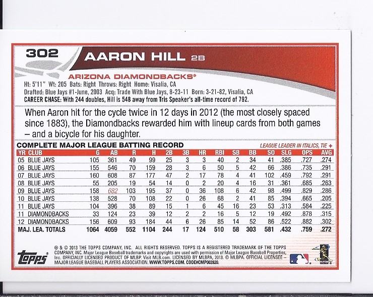 2013 Topps Emerald #302 Aaron Hill back image