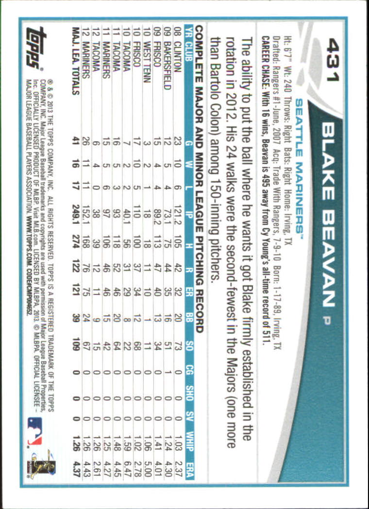 2013 Topps Emerald #431 Blake Beavan back image