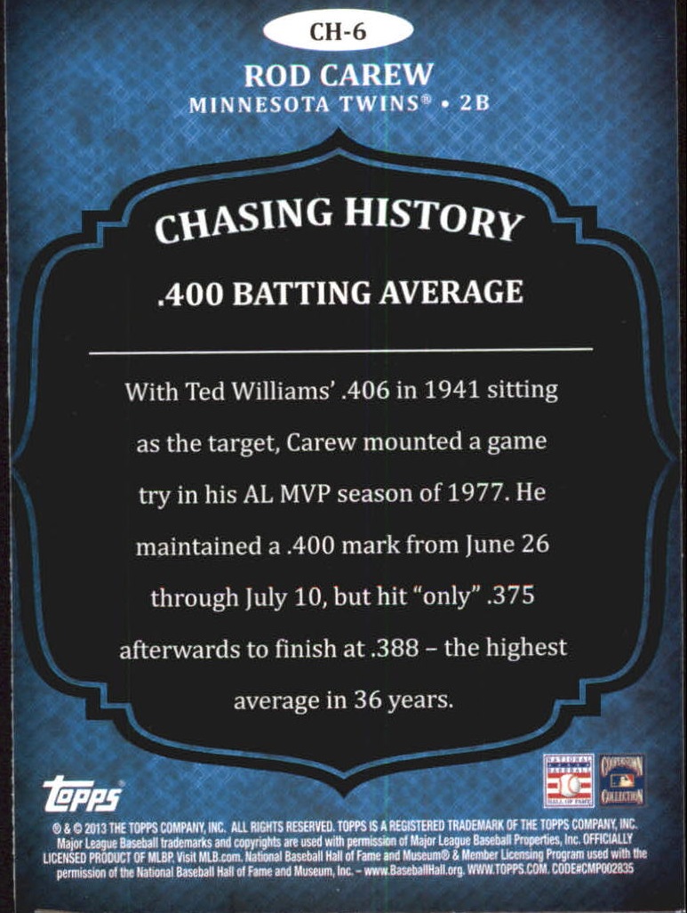 2013 Topps Chasing History #CH6 Rod Carew back image