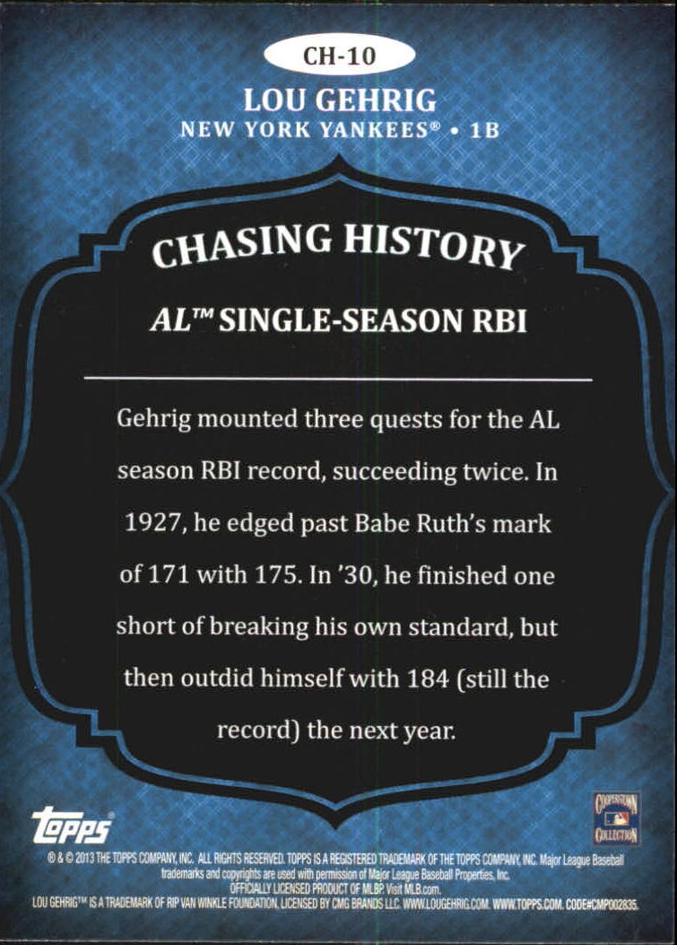 2013 Topps Chasing History #CH10 Lou Gehrig back image