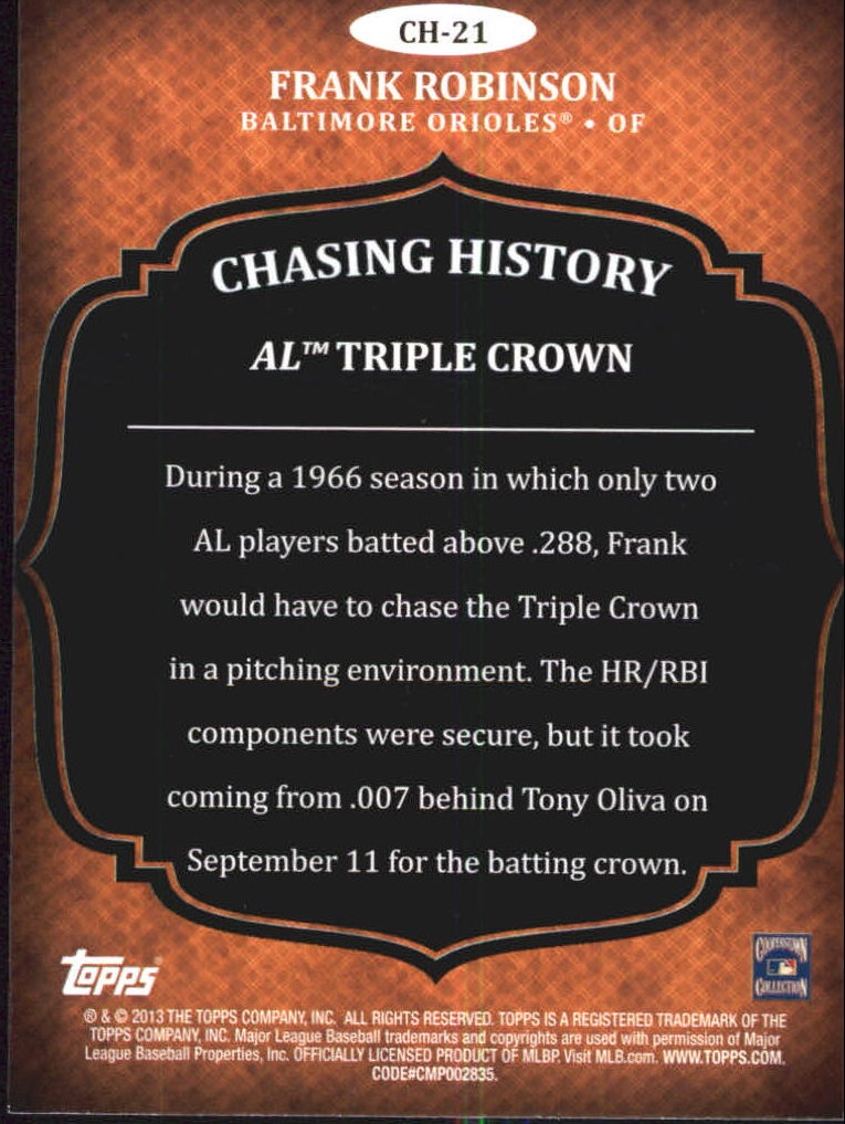 2013 Topps Chasing History #CH21 Frank Robinson back image