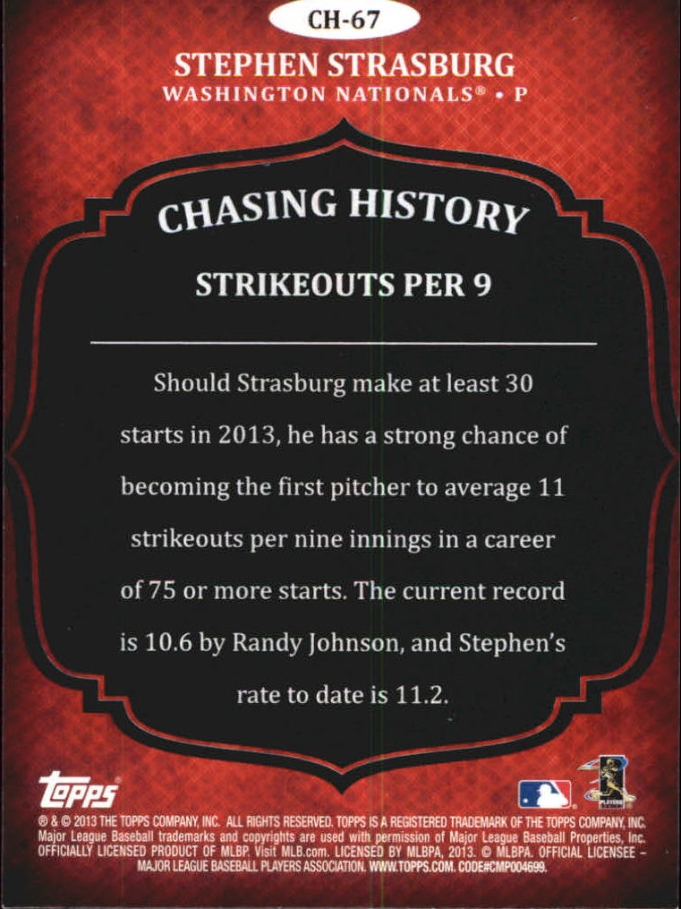 2013 Topps Chasing History #CH67 Stephen Strasburg back image