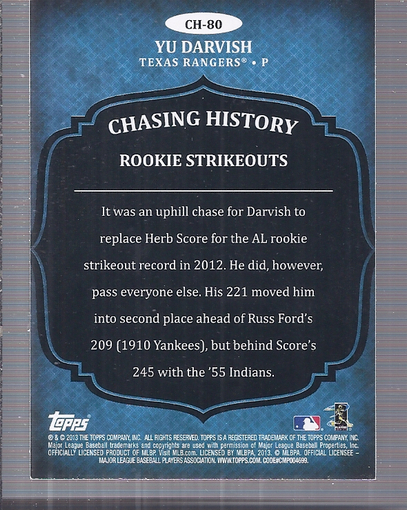 2013 Topps Chasing History #CH80 Yu Darvish back image