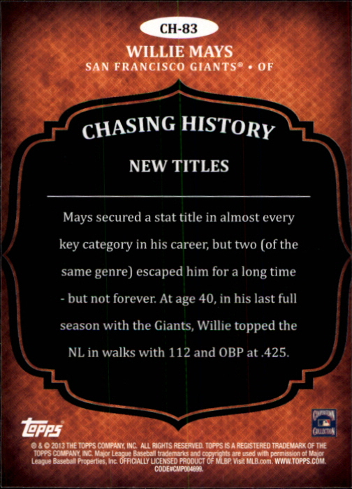 2013 Topps Chasing History #CH83 Willie Mays back image