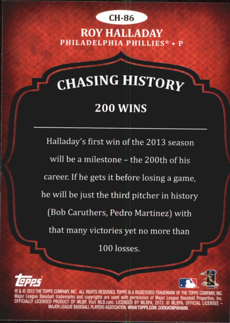 2013 Topps Chasing History #CH86 Roy Halladay back image