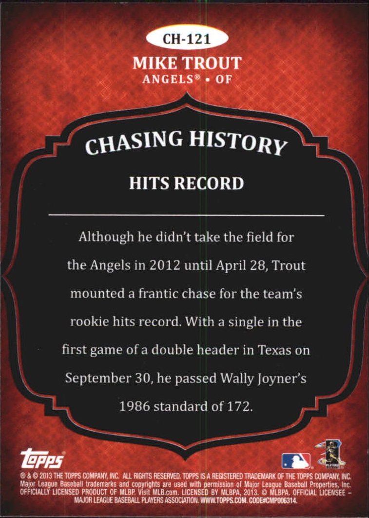 2013 Topps Chasing History #CH121 Mike Trout back image